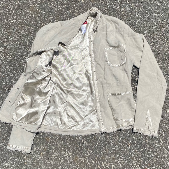 Guess Linen Satin Beige Crème Blazer Jacket Pockets Women’s Small Petite Summer - Picture 2 of 5